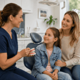 Parent and child speaking with a dental professional during a family dentistry consultation
