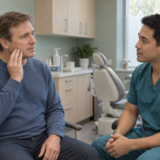 Adult patient touching his cheek while discussing tooth discomfort with a dentist.