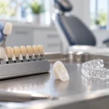 Tooth shade samples, porcelain veneer shells and a clear whitening tray on a dental tray.